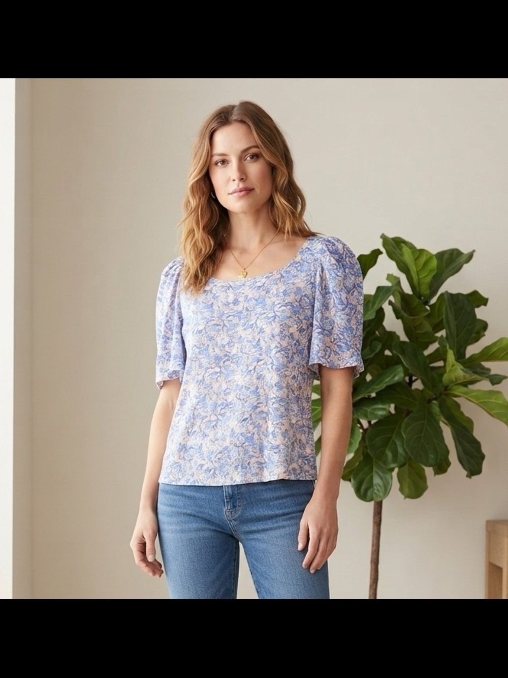 Lucky Brand Blue Floral Puff Sleeve Top